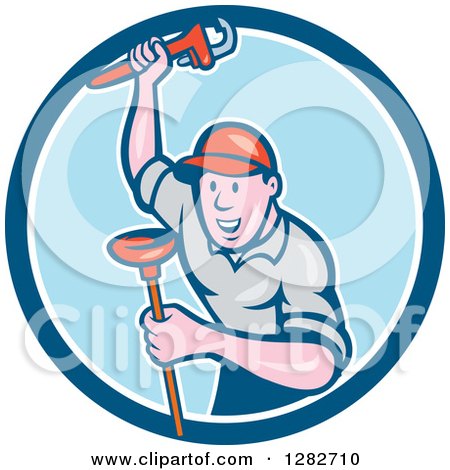 Clipart of a Cartoon Male Plumber with a Monkey Wrench and a Plunger in a Blue and White Circle - Royalty Free Vector Illustration by patrimonio