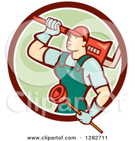 Clipart of a Retro Cartoon Male Plumber with a Giant Monkey Wrench and a Plunger in a Brown White and Green Circle - Royalty Free Vector Illustration by patrimonio