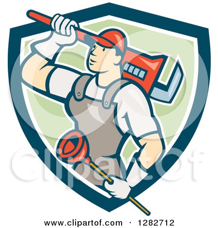 Clipart of a Retro Cartoon Male Plumber with a Giant Monkey Wrench and a Plunger in a Blue White and Green Shield - Royalty Free Vector Illustration by patrimonio