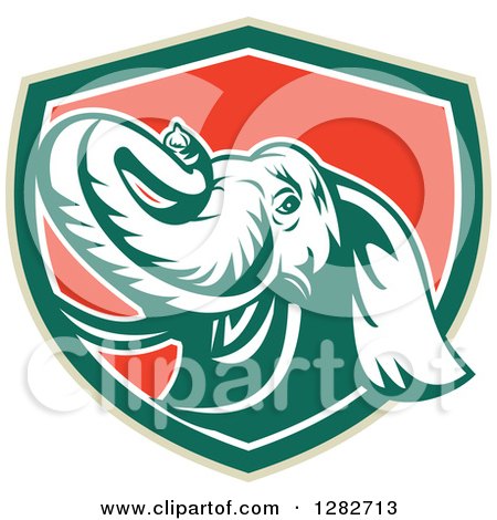 Clipart of a Retro Angry Elephant in a Green White and Red Shield - Royalty Free Vector Illustration by patrimonio