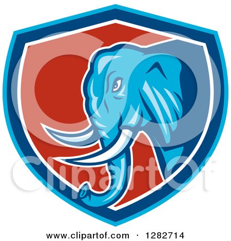 Clipart of a Cartoon Angry Elephant in a Blue White and Red Shield - Royalty Free Vector Illustration by patrimonio