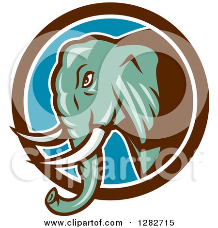 Clipart of a Retro Cartoon Angry Turquoise Elephant in a Brown White and Blue Circle - Royalty Free Vector Illustration by patrimonio