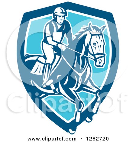 Clipart of a Retro Male Equestrian Show Jumping a Horse in a Blue and White Shield - Royalty Free Vector Illustration by patrimonio