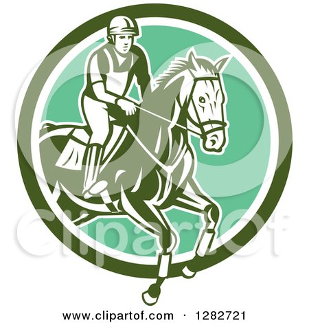 Clipart of a Retro Male Equestrian Show Jumping a Horse in a Green and White Circle - Royalty Free Vector Illustration by patrimonio