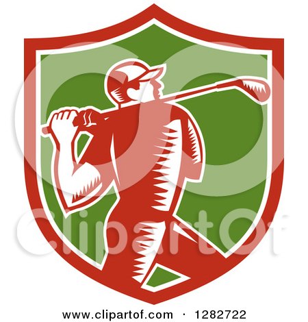 Clipart of a Retro Woodcut Male Golfer Swinging a Club in a Red White and Green Shield - Royalty Free Vector Illustration by patrimonio