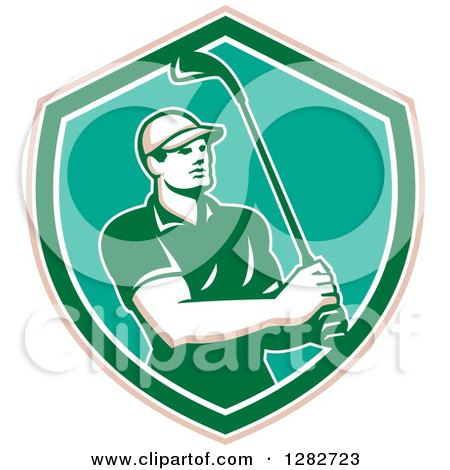 Clipart of a Retro Male Golfer Holding a Club in a Tan White Turquoise and Green Shield - Royalty Free Vector Illustration by patrimonio