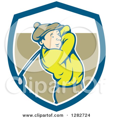Clipart of a Retro Cartoon Male Golfer Swinging a Club in a Blue White and Brown Shield - Royalty Free Vector Illustration by patrimonio