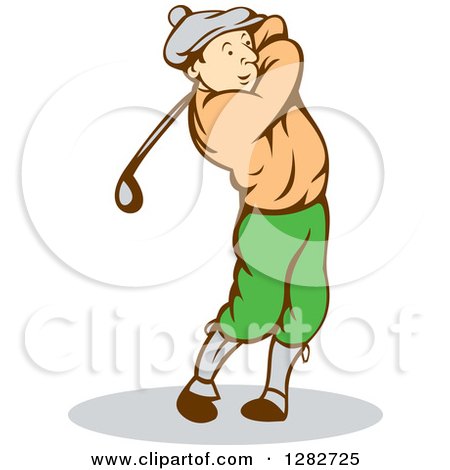 Clipart of a Retro Cartoon Male Golfer Swinging a Club - Royalty Free ...