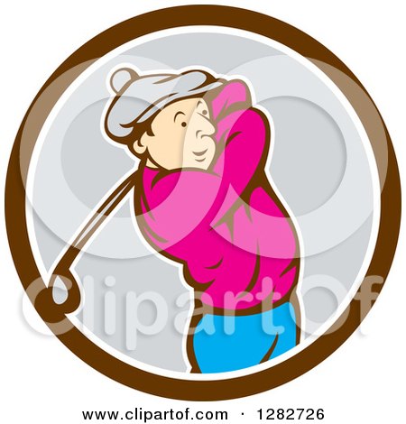 Clipart of a Retro Cartoon Male Golfer Swinging a Club in a Brown White and Gray Circle - Royalty Free Vector Illustration by patrimonio