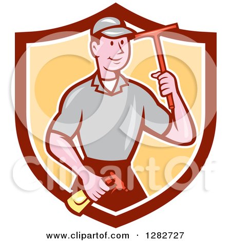 Clipart of a Retro Cartoon Male Window Washer Holding a Spray Bottle and Squeegee in a Brown White and Yellow Shield - Royalty Free Vector Illustration by patrimonio