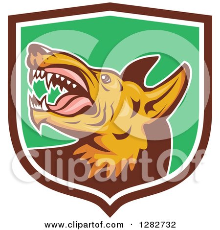 Clipart of a Retro Vicious Wild Dog with Fangs in a Brown White and Green Shield - Royalty Free Vector Illustration by patrimonio