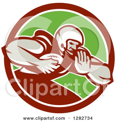 Clipart of a Retro Male Football Player with a Ball in a Maroon White and Green Circle - Royalty Free Vector Illustration by patrimonio