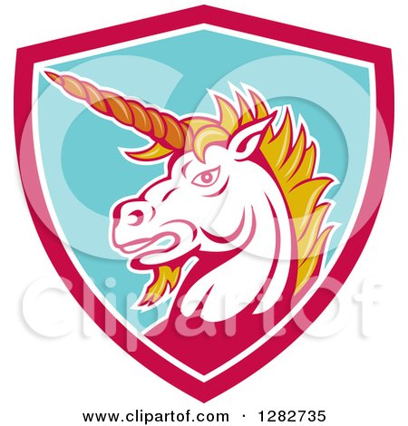 Clipart of a Retro Angry Unicorn Head in a Pink White and Turquoise Shield - Royalty Free Vector Illustration by patrimonio