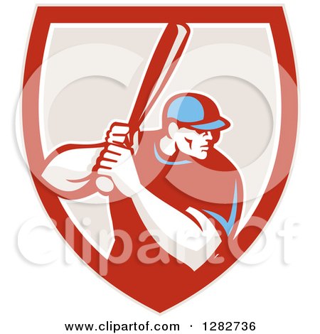 Clipart of a Retro Male Baseball Player Batting Inside a Red White and Taupe Shield - Royalty Free Vector Illustration by patrimonio