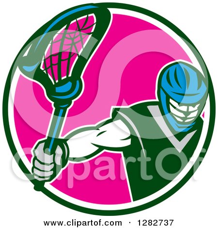 Clipart of a Retro Male Lacrosse Player Holding a Stick in a Green White and Pink Circle - Royalty Free Vector Illustration by patrimonio