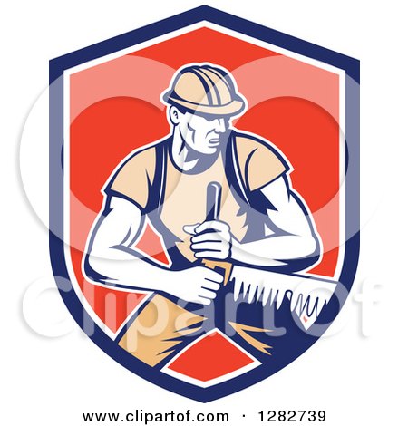 Clipart of a Retro Lumberjack Logger Worker Man Using a Crosscut Saw in a Blue White and Red Shield - Royalty Free Vector Illustration by patrimonio