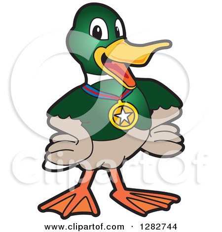 Clipart of a Happy Mallard Duck School Sports Mascot Character Wearing a Medal - Royalty Free Vector Illustration by Mascot Junction