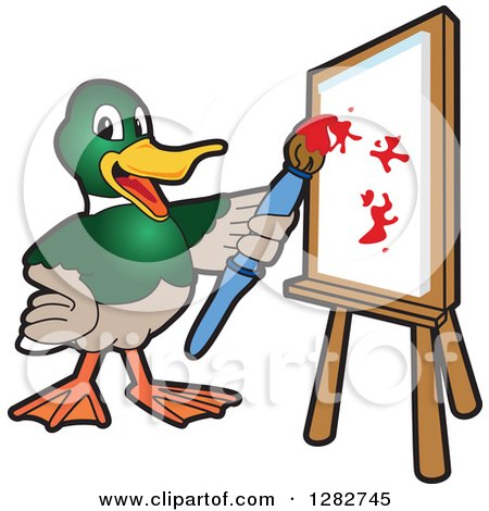 Clipart of a Happy Mallard Duck School Mascot Character Painting Art on a Canvas - Royalty Free Vector Illustration by Mascot Junction