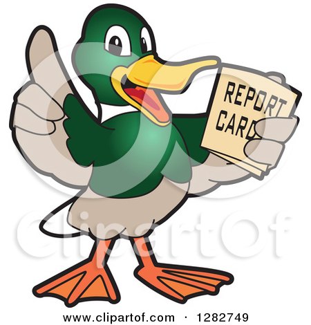 Clipart of a Happy Mallard Duck School Mascot Character Holding a Report Card - Royalty Free Vector Illustration by Mascot Junction