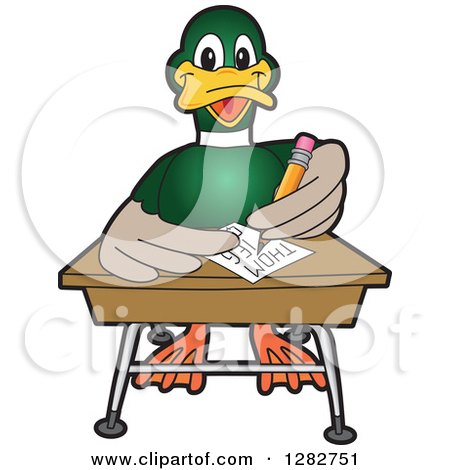 Clipart of a Happy Mallard Duck School Mascot Character Writing at a Desk - Royalty Free Vector Illustration by Mascot Junction