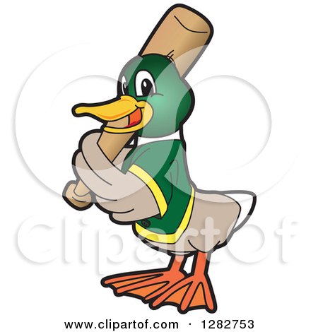 Clipart of a Happy Mallard Duck School Sports Mascot Character Baseball Player Batting - Royalty Free Vector Illustration by Mascot Junction