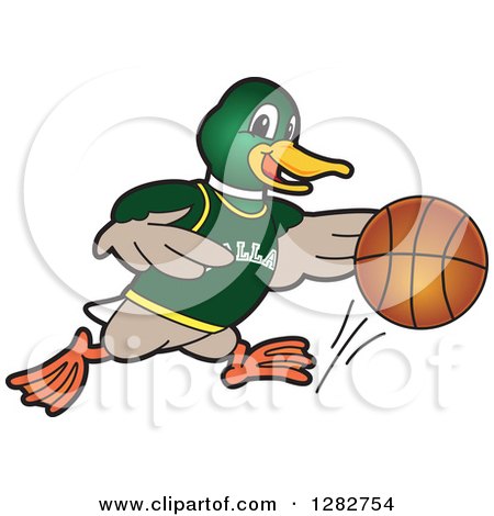 Clipart of a Happy Mallard Duck School Sports Mascot Character Dribbling a Basketball - Royalty Free Vector Illustration by Mascot Junction