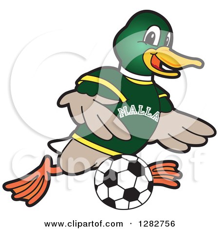 Clipart of a Happy Mallard Duck School Sports Mascot Character Playing Soccer - Royalty Free Vector Illustration by Mascot Junction