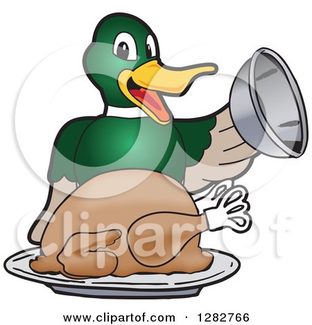 Clipart of a Happy Mallard Duck School Mascot Character Serving a Roasted Thanksgiving Turkey - Royalty Free Vector Illustration by Mascot Junction