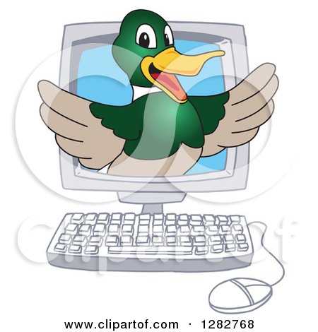Clipart of a Happy Mallard Duck School Mascot Character Emerging from a Desktop Computer Screen - Royalty Free Vector Illustration by Mascot Junction