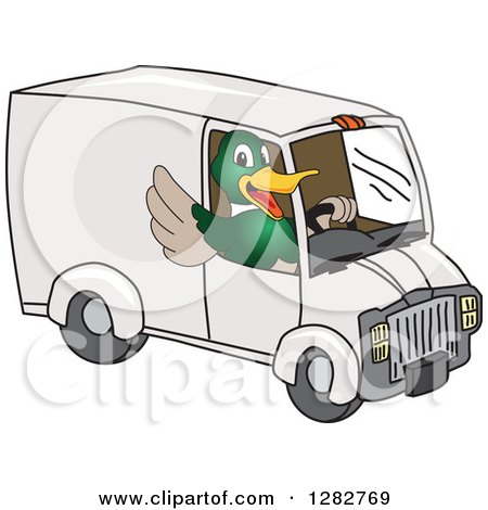 Clipart of a Happy Mallard Duck School Mascot Character Waving and Driving a Delivery Van - Royalty Free Vector Illustration by Mascot Junction