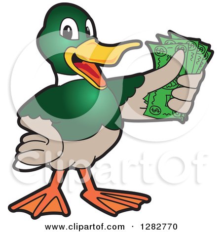 Clipart of a Happy Mallard Duck School Mascot Character Holding Cash Money - Royalty Free Vector Illustration by Mascot Junction