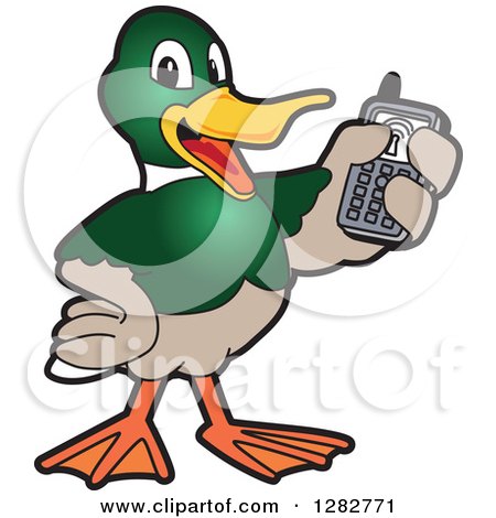 Clipart of a Happy Mallard Duck School Mascot Character Holding up a Cell Phone - Royalty Free Vector Illustration by Mascot Junction