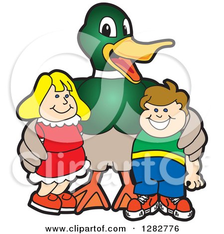 Clipart of a Happy Mallard Duck School Mascot Character Posing with Students - Royalty Free Vector Illustration by Mascot Junction
