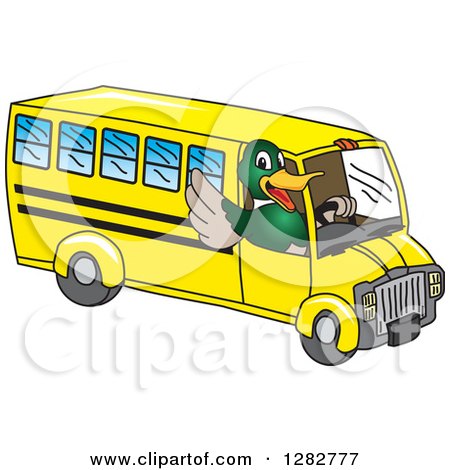 Clipart of a Happy Mallard Duck School Mascot Character Waving and Driving a Bus - Royalty Free Vector Illustration by Mascot Junction