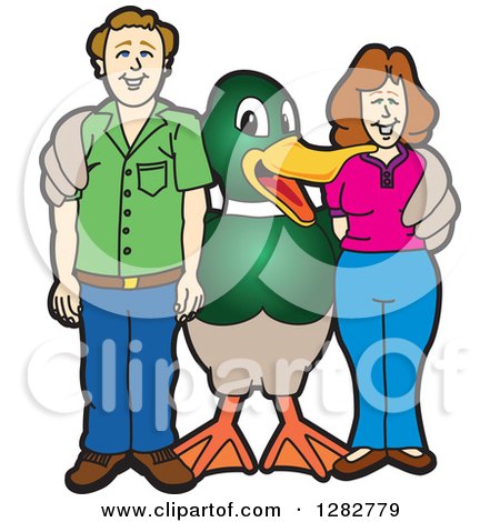 Clipart of a Happy Mallard Duck School Mascot Character Posing with Parents - Royalty Free Vector Illustration by Mascot Junction