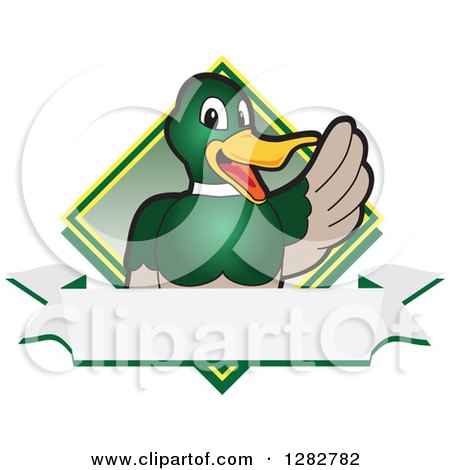Clipart of a Happy Mallard Duck School Mascot Character Waving over a Blank Banner and Diamond - Royalty Free Vector Illustration by Mascot Junction
