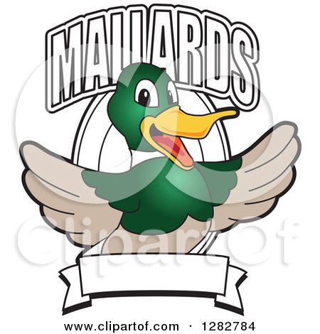 Clipart of a Happy Mallard Duck School Mascot Character Welcoming with Text over an Oval and Blank Banner - Royalty Free Vector Illustration by Mascot Junction