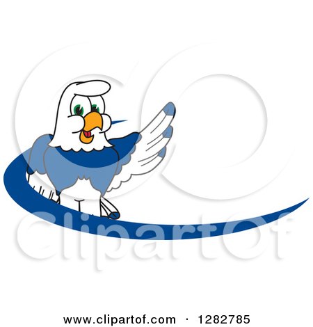 Clipart of a Happy Seahawk School Mascot Character Waving over a Blue Dash Logo - Royalty Free Vector Illustration by Mascot Junction