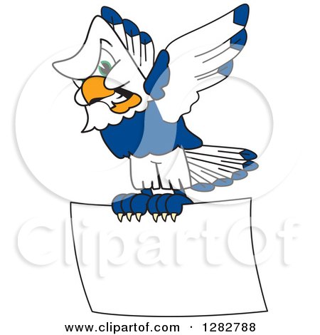 Clipart of a Tough Seahawk School Mascot Character Flying with a Blank Sign - Royalty Free Vector Illustration by Mascot Junction