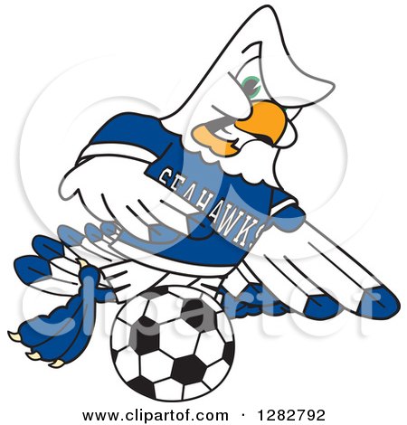 Clipart of a Tough Seahawk Sports School Mascot Character Playing Soccer - Royalty Free Vector Illustration by Mascot Junction