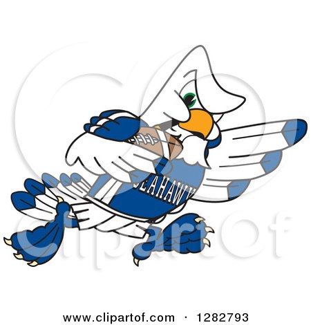 Clipart of a Tough Seahawk Sports School Mascot Character Running with an American Football - Royalty Free Vector Illustration by Mascot Junction