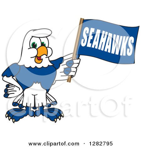 Clipart of a Happy Seahawk Sports School Mascot Character Holding a Flag - Royalty Free Vector Illustration by Mascot Junction