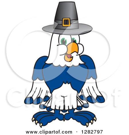 Clipart of a Happy Seahawk School Mascot Character Wearing a Thanksgiving Pilgrim Hat - Royalty Free Vector Illustration by Mascot Junction