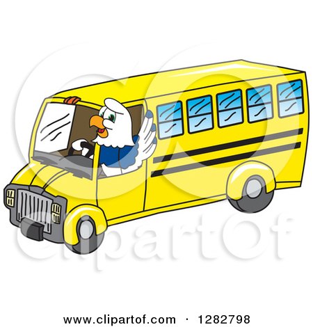 Clipart of a Happy Seahawk School Mascot Character Waving and Driving a Bus - Royalty Free Vector Illustration by Mascot Junction
