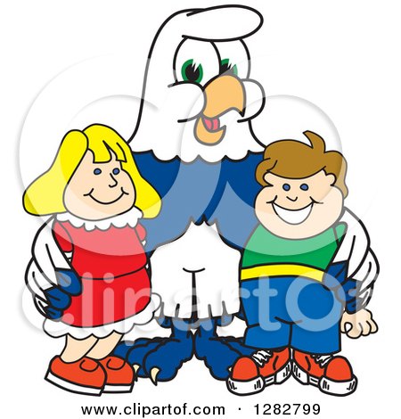 Clipart of a Happy Seahawk School Mascot Character Posing with Students - Royalty Free Vector Illustration by Mascot Junction