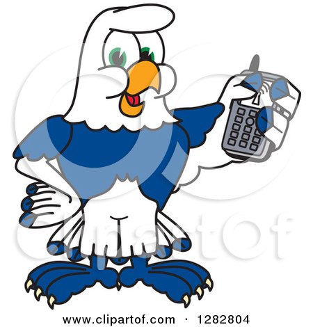 Clipart of a Happy Seahawk School Mascot Character Holding a Cell Phone - Royalty Free Vector Illustration by Mascot Junction