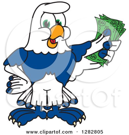 Clipart of a Happy Seahawk School Mascot Character Holding Cash Money - Royalty Free Vector Illustration by Mascot Junction