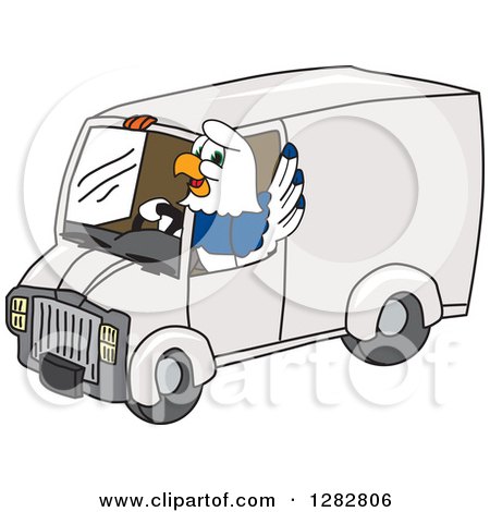 Clipart of a Happy Seahawk School Mascot Character Waving and Driving a Delivery Van - Royalty Free Vector Illustration by Mascot Junction
