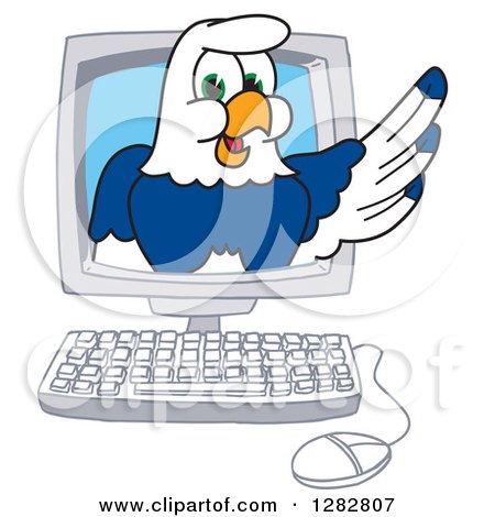 Clipart of a Happy Seahawk School Mascot Character Emerging from a Desktop Computer Screen - Royalty Free Vector Illustration by Mascot Junction