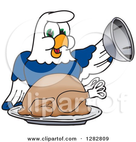 Clipart of a Happy Seahawk School Mascot Character Serving a Thanksgiving Turkey - Royalty Free Vector Illustration by Mascot Junction